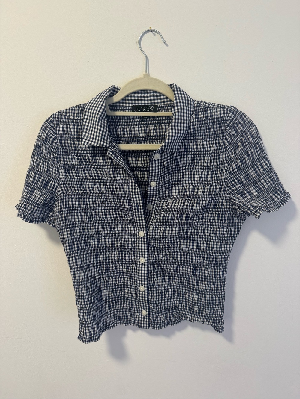 J. Crew Navy and White Gingham Short-Sleeve Button-Front Shirt
